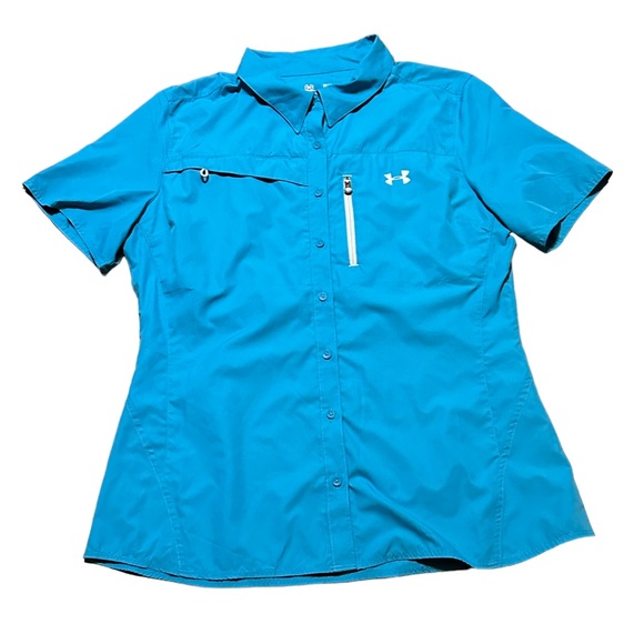 Under Armour Teal Blue Semi-Fitted Button Front Shirt Vented Women XL Fishing - Picture 1 of 9